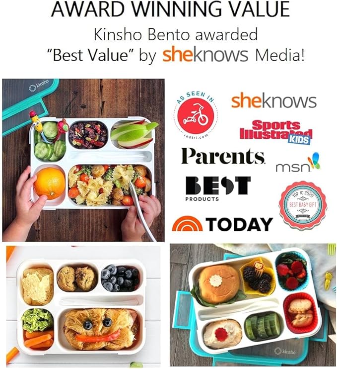 kinsho Lunch Box for Kids Boys Girls - Bento Box Set with Insulated Bag and Ice Pack, 6 Compartment Leak Proof Food Container, BPA-Free, Microwave Safe, Ideal for School & Work, Teal