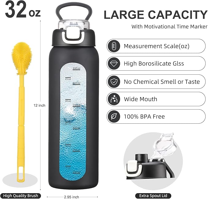 chunmo 32 oz Glass Water Bottles with 2 Lids-Handle Spout Lid & Straw Lid, 1 Liter Motivational Borosilicate Water Bottle with Time Marker and Silicone Sleeve,Leakproof-Black-1 Pack