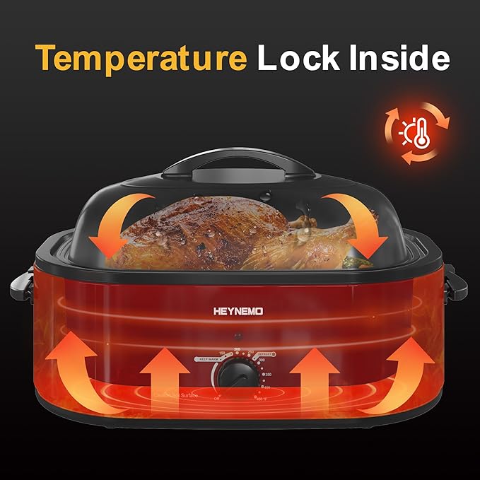 18 Quart Roaster Oven with Self-Basting Lid, Large Electric Turkey Roaster Oven with Defrost & Warm Function, Adjustable Temperature, Removable Pan & Rack, Stainless Steel, Red