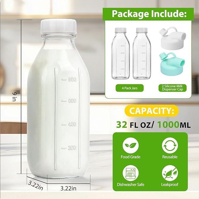 CUCUMI Moretoes 32 Oz Glass Milk Bottle with Reusable Strong Airtight Screw Lid, Reusable Glass Juice Bottles, Water Jug Breast Milk Pitcher, Buttermilk, Nut, Juice, Syrup, Coffee Creamer (4 Pack)