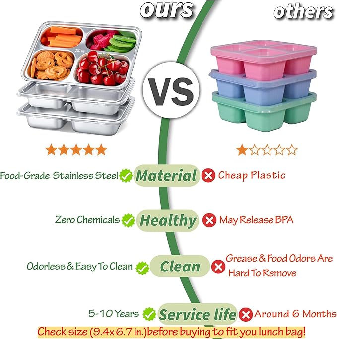 Stainless Steel Snack Containers with Lids - 3 Pack - Large 4-Compartments Bento Snack Boxes - Meal Prep Lunch Containers for Kids Adults - Divided Food Storage Container for School Home Travel