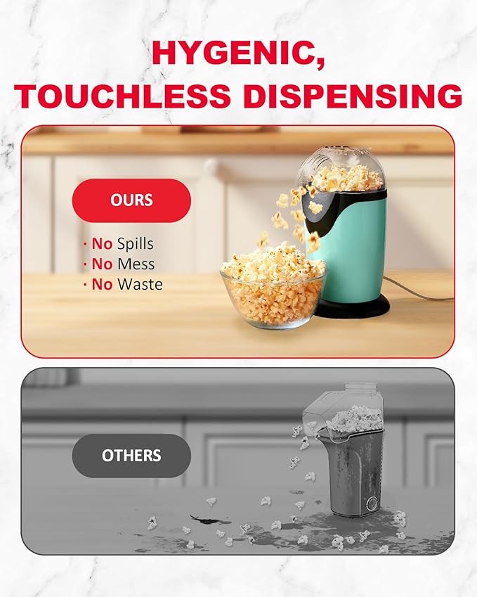 Hot Air Popcorn Maker, 10-Cup Electric Pop Corn Popper machine with Measuring Cup & Butter Melter, Fast Popping & Oil-Free, BPA-Free kitchen appliances for Home Movie Nights & Parties - Aqua