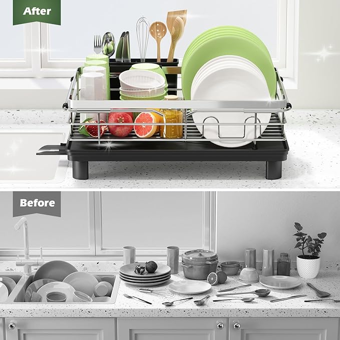 In Sink Dish Drying Rack, Expandable Over The Sink Dish Rack for Small Kitchen, Space Saving Stainless Steel Dish Drainer with Utensil Holder, 14.1"-21.2" L x 11"W, Small Plate Dryer Strainer, Silver