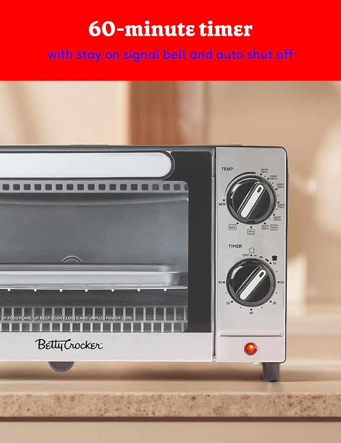 Betty Crocker 9L Toaster Oven, 2-Slice Toaster with Chrome Plated Front, Stainless Steel Handle, Bake, Broil & Toast Functions, Easy Control Dials, Includes Baking Pan & Rack, BC-5665B, Black/Silver