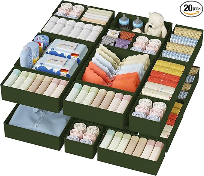 DIMJ Drawer Organizer Clothes - 20 Pack Closet Drawer Organizer Bins for Baby Clothes Storage, Fabric Dresser Organizer for Nursery Bedroom, Foldable Small Drawer Dividers for Underwear Socks
