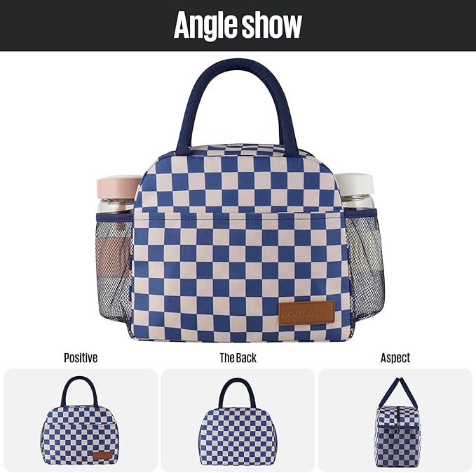 douyadady Lunch Bag Women/Men Lunch Box Women/Men (Blue+Beige Checkerboard)