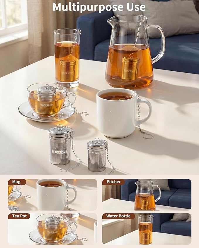 House Again Large Tea Infuser, Extra Fine Mesh Tea Strainers for Loose Tea, 18/8 Stainless Steel Tea Strainer with Extended Chain Hook, Tea Steeper for Brew Tea, Spices & Seasonings, for Multi Cups