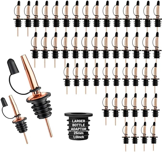 48-Pack Liquor Bottle Pourers with Adapters, Liquor Pour Spout Adapters set for for Large Oil Olive Bottles and Liquor Bottles - Up to 1 Inch/25mm Neck Converts Spout into a Large Pour Spout,Rose Gold