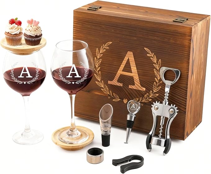GZLDGIFTS Personalized Initial Wine Glasses Box Gift Set For Women Mom Engraved Birthday Monogrammed Wooden Christmas Gifts Wedding Anniversary Wine Couples Stopper Opener Initial Letterr (A Set)