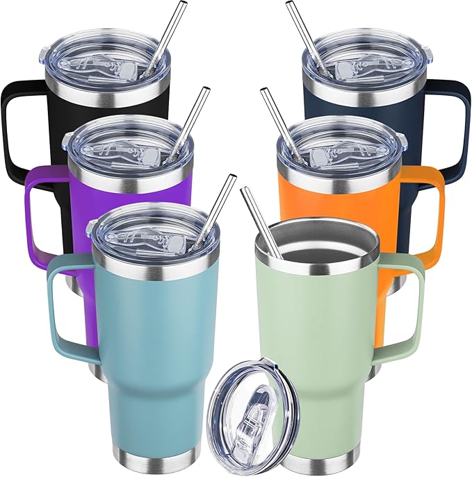 20 oz Tumbler with Handle Stainless Steel Insulated Coffee Tumbler with Lid and Straw Double Wall Vacuum Insulated Coffee Mug Leak Proof Travel Mug Tumbler for Hot and Cold Drink, Mix Color-10