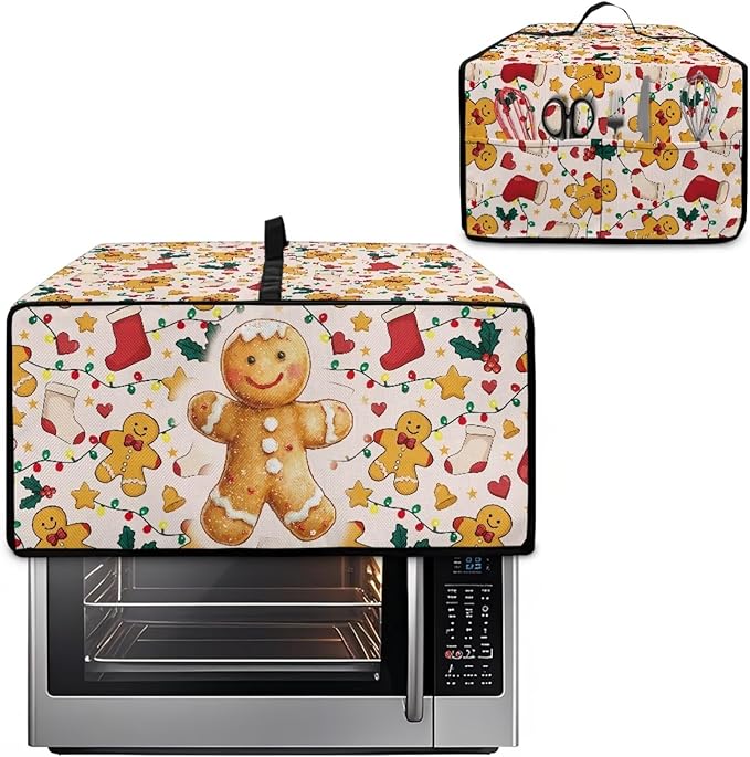 Countertop Convection Oven Cover Dust-Proof Toaster Oven Cover with Accessories Pockets, Countertop Convection Oven Protector, S, Gingerbread Man Christmas String Lights