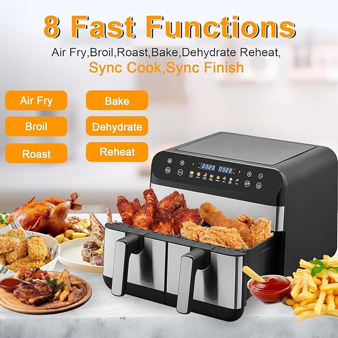 9.5 Quart 8-in-1 DualZone 2-Basket Air Fryer with 2 Independent Frying Baskets, Match Cook & Smart Finish to Roast, Broil, Dehydrate & More for Quick, Easy Meals