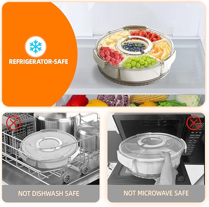 Divided Serving Tray with Lid and Handle, Stackable Snackle Box Container for Fruits Candy Organizer, Portable Spinning Rounded Veggie Tray for Kitchen, Party, Trave and Picnic-1 PACK