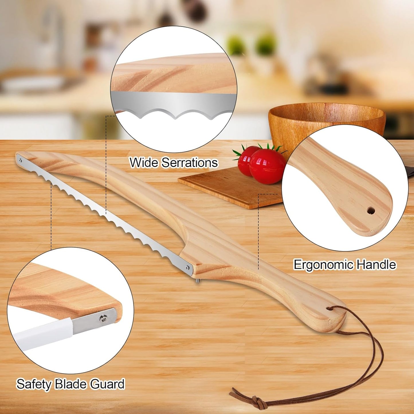 16 inch Wooden Sourdough Bread knife, Serrated Bread Slicer for Homemade Bread, Bagels, and Baguettes