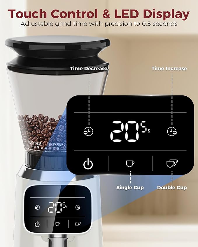 Tuni G2 Conical Burr Coffee Grinder, 70 Grind Settings Anti-static Burr Mill, Precision Electronic Timer and LED Touchscreen for Espresso/Drip/Cold Brew/French Press, Stainless Steel, Ivory