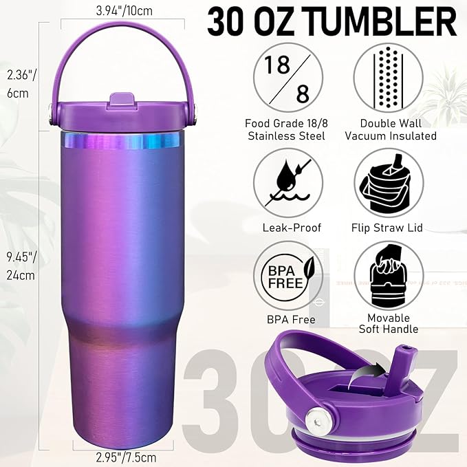 30 oz Tumbler Bulk with Handle and Straw, Vacuum Insulated Tumblers with Flip Straw and Top Handle, Leakproof Powder Coated Tumbler, Stainless Steel Travel Mug for Coffee (BluePurple, 4 Pack)