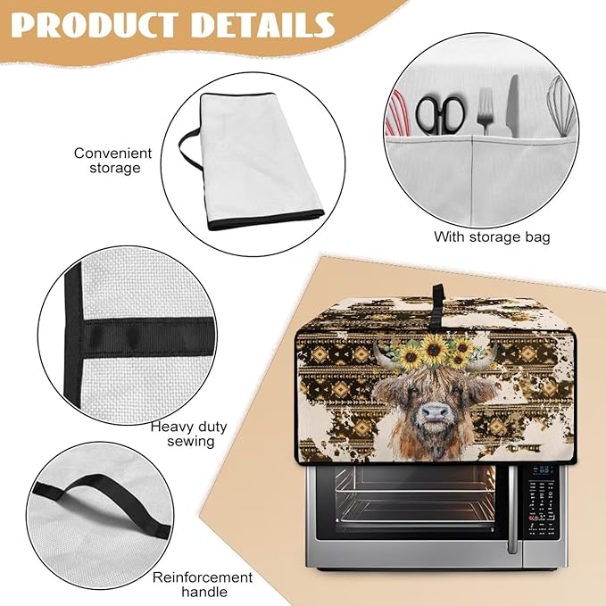 Convection Toaster Oven Cover with Pockets, Easy to Clean, Smart Microwave Baking Oven Dust Cover for Countertop, S, Aztec Highland Cow Sunflower Tribal Pattern