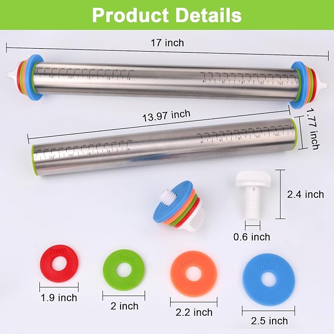 Rolling Pin with Thickness Rings and Silicone Baking Mat, Adjustable Stainless Steel Rolling Pins for Pasta or Sugar Decorating Cookies, Bread Making Tools Fondant Roller for Dough, Dumpling, Ravioli