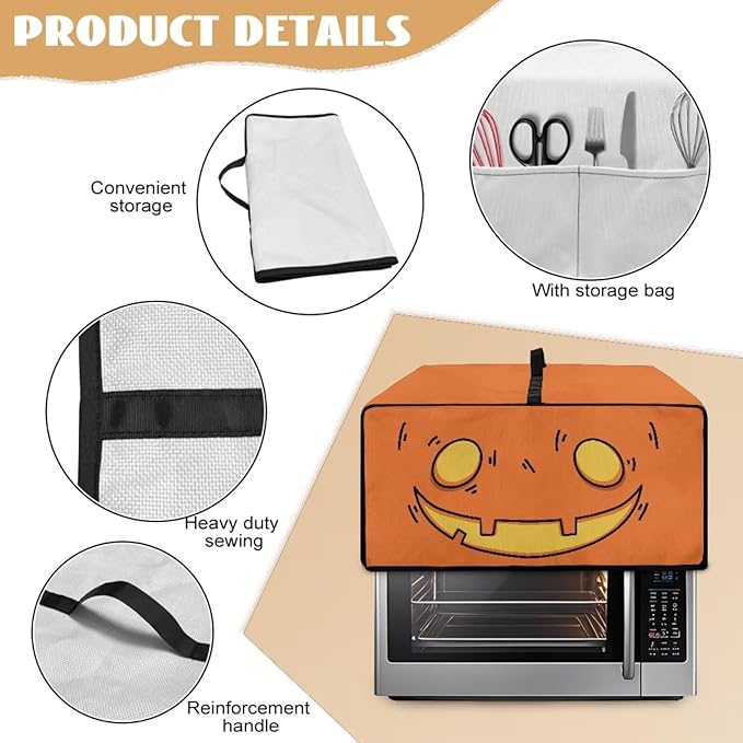 Air Fryer Toaster Oven Cover Fabric Convection Oven Cover with Pockets, Washable Small Appliance Dust Protection, M, Cartoon Pumpkin Face Pattern Halloween Decor