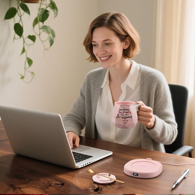 Coffee Mug Warmer & You are Awesome Mug Set, Smart Heated Electric Cup Warmer for Desk Office, 4 Temperature Control Beverage Tea Coffee Warmer, 8 Hrs Auto Shut Off Candle Plate, Ideal Gifts for Women