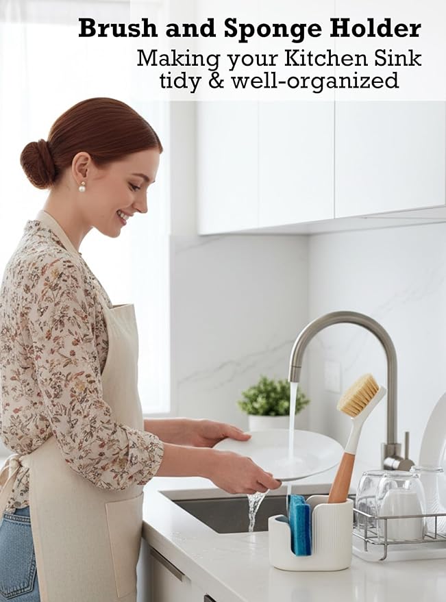 2-in-1 Diatomite Sponge Holder for Kitchen Sink, Quick-Drying Dish Sponge and Brush Holder, Dish Wand Holder, Diatomite Stone Sink Tray, Ultra Absorbent Sinks Caddy Organizer,White