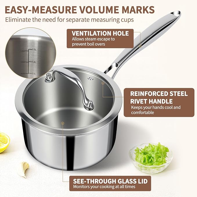EWFEN 3 Ply Stainless Steel Saucepan with Lid, 2 Quart Multipurpose Cooking Pot, Stay-Cool Handle, Induction Oven Dishwasher Safe, 2 QT