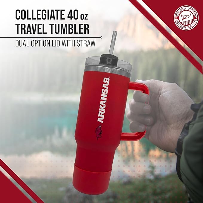 Campus Colors College & University 40 oz Travel Tumbler With Handle - Dual Option Lid With Straw - Vacuum Insulated Stainless Steel (Arkansas Razorbacks - Cardinal)