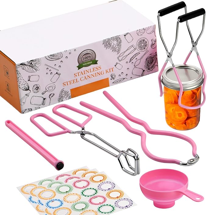 Home Canning Supplies Starter Kit, Food Grade Stainless Steel Canning Tools with Jar Lifter Tongs, Funnel, Labels, Magnetic Lid Lifter, Essential Canning Accessories Equipment Set for Beginners, Pink