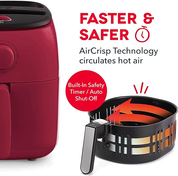 Dash Tasti-Crisp™ Air Fryer - AirCrisp® Technology - Compact Design with Adjustable Temperature Control - Nonstick Fry Basket & Auto Shut-Off Feature - 2.6 Quarts - Red