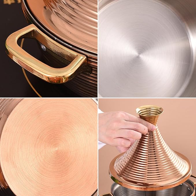 Moroccan Tagine Cooking Pot,Stainless Steel Non Stick Moroccan Casserole with 2 Handles,Large Moroccan Cooker Handmade Tagine Pot with Cone-Shaped Lid(25cm, Silver)