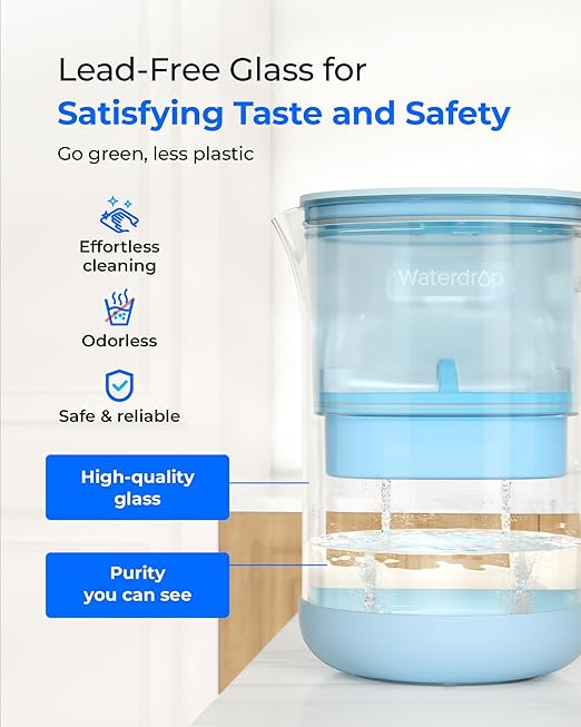 Waterdrop PT-09B-A 10-Cup Large Glass Alkaline Water Filter Pitcher, Eco-Friendly, Enhances Alkaline Water, for Home & Office, Reduces PFOA/PFOS, Chlorine, Cadmium, Copper & Mercury, Blue