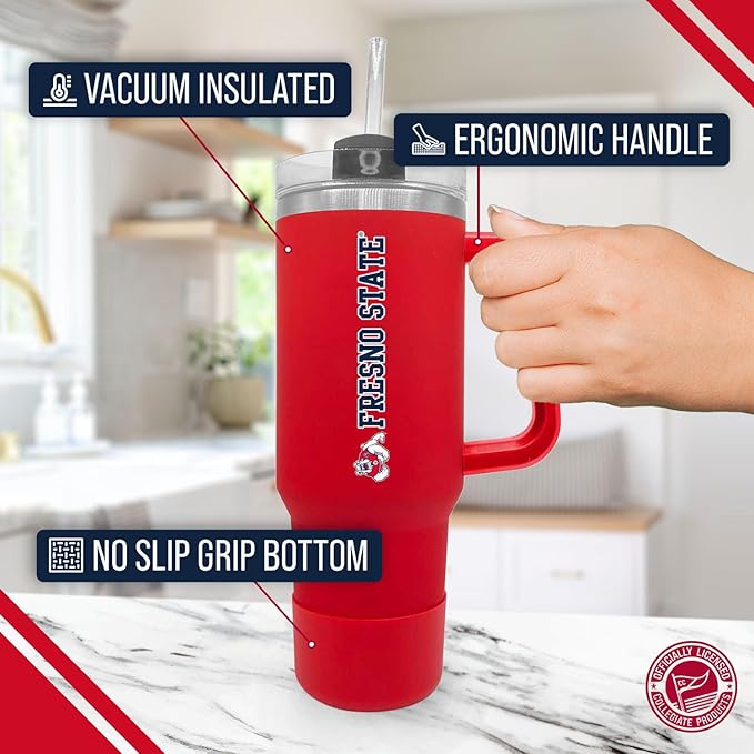 Campus Colors College & University 40 oz Travel Tumbler With Handle - Dual Option Lid With Straw - Vacuum Insulated Stainless Steel (Fresno State Bulldogs - Red)