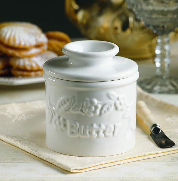 Butter Bell - The Original Butter Bell crock by L Tremain, a Countertop French Ceramic Butter Dish Keeper for Spreadable Butter, La Fleur Collection (White Raised Floral)