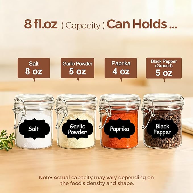 ComSaf 8oz Glass Jars with Airtight Lids (Set of 6), Cylindrical Jelly & Spice Jars for Pantry Organization, 240ml Small Canisters with Wire Clamp for Sourdough Discard, Jam, Honey & More