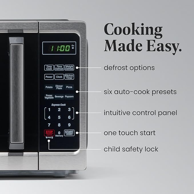 Farberware 0.9 Cu. Ft. Countertop Microwave Oven – 900 Watts Power, Auto Cook Settings, Defrost, Easy Clean and Child Safety Lock - Stainless