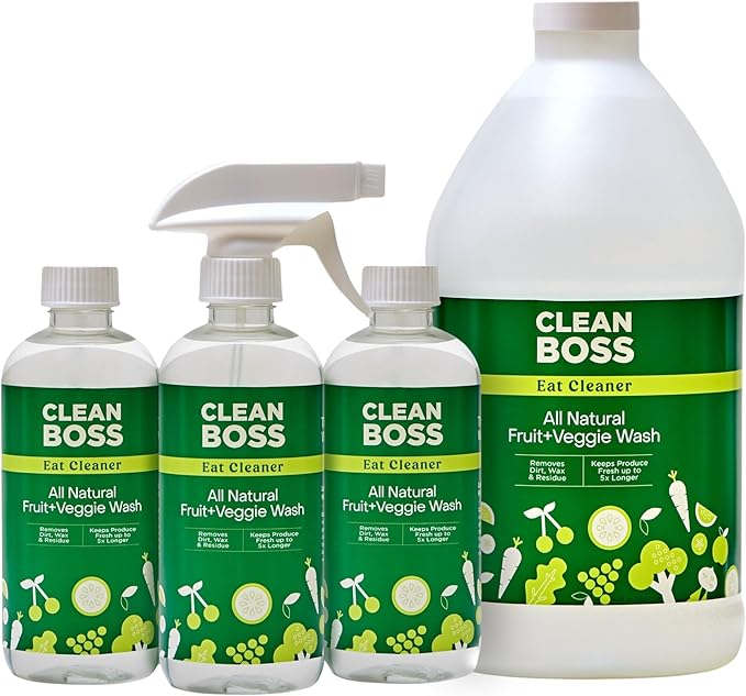 CleanBoss Eat Cleaner Triple-Action Fruit & Veggie Wash (12 oz, Pack of 3) + 64 oz Refill Jug - Removes Harmful Residue - Keeps Produce Fresh Up to 5X Longer - Vegan, Gluten Free