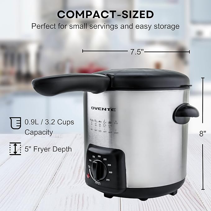 OVENTE Electric Deep Fryer, 0.9L Capacity, 840W with Adjustable Temperature, Locking Lid, Removable Fry Basket & Cool-Touch Handles, Stainless Steel Countertop Fryer, Silver FDM1091BR