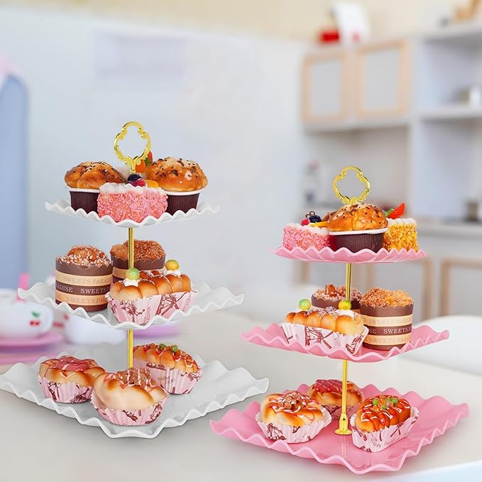 5 Pcs Dessert Table Display Set - 2 Pcs 3-Tier Dessert Display Stands & 3 Pcs Serving Tray - Dessert Trays Dessert Stands Treat Table Displays Set for Tea Parties,Birthdays & Baby Showers