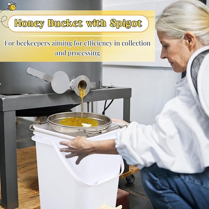 Threehoney 5 Gallon Honey Bucket with Spigot and Stainless Steel Filters Set Honey Extractor Equipment Food-Grade Bucket with Spigot for Bee Keeping Supplies Extracting Storage(White, 5 Gallon)