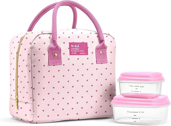 Fit & Fresh Bloomington Lunch Bag for Women - Insulated Large Lunch Box for Work with Containers, Leak-Resistant, Stain-Resistant, Zipper Closure, Tiny Pink Hearts