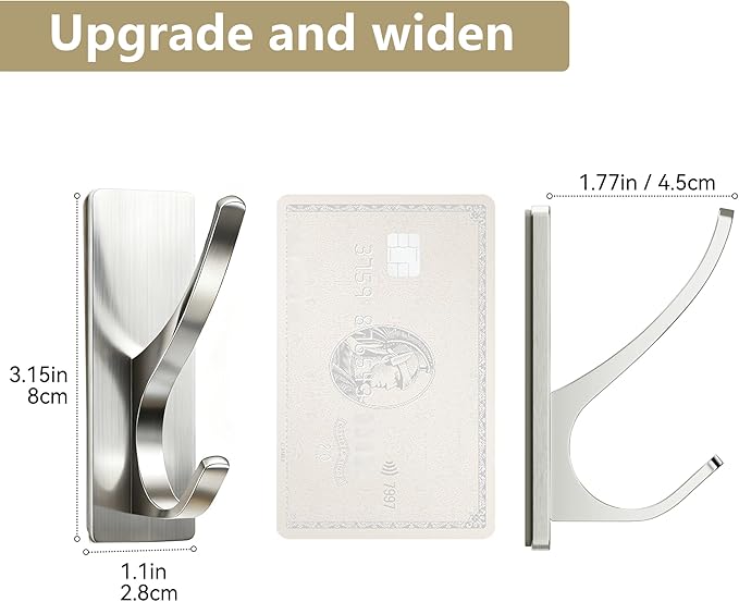 pickpiff Brushed Nickel Self Adhesive Coat Hooks for Hanging: 13LB Extra Strong Stainless Wall Hook for Towel, Utensil, Backpack, Hat, Sturdy Metal Hanger for Bathroom, Kitchen, Door, 10 Pack