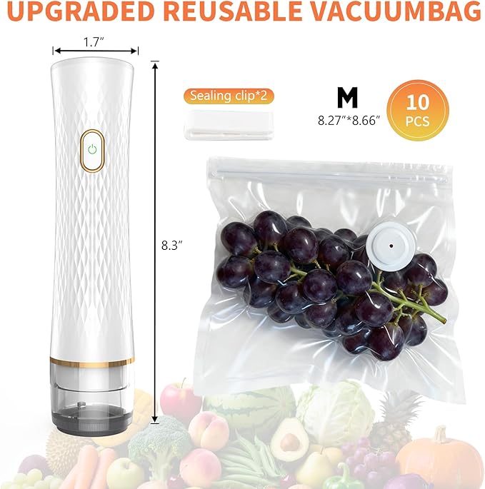 Vacuum Sealer for Food – Keeps Food Fresh up to 10× Longer, Cordless & rechargeable & strong suction for storage & sous vide(Handheld Vacuum Sealer + 10 Reusable Vacuum Bags)