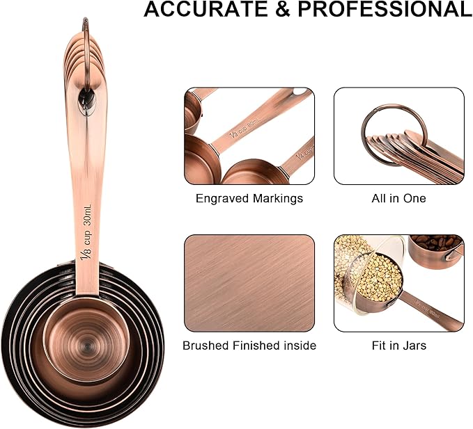 Copper Plated Measuring Cups and Spoons Set, Stainless Steel Measuring Cups and Spoons Set, 7 Kitchen Measure Cup, 9 Spice Measure Spoons, US&Metric Measuring Tools for Baking