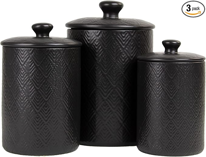 10 Strawberry Street Embossed Marquis Ceramic Kitchen Canister Set, Set of 3, Matte Black