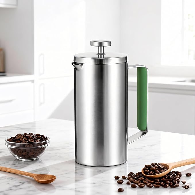 Stainless Steel French Press Coffee Maker 21OZ(0.6 Litre), Camping Coffee Press with Green Handle for Personal, Office, Travel(Sanding Silver, 1-3 Cups)