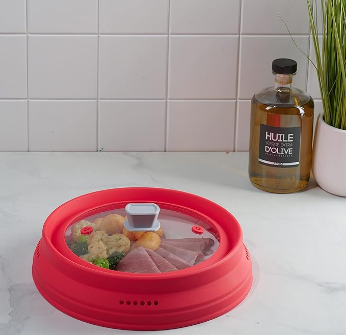 Godinger Microwave Splatter Cover, Microwave Cover for Food, Collapsible Plate Cover Lid with Easy Grip Handle, Safe Tempered Glass and Silicone, Pot Cover, Splatter Cover Guard - Large 12"