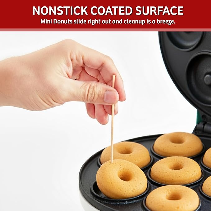 Mini Donut Maker, Durable, Nonstick Easy to Use Mini Baking Machine - Cooks 7 Mini Doughnuts at a Time - Glazed, Frosted with Sprinkles, Nuts, or Vegan Donuts, & More (White)
