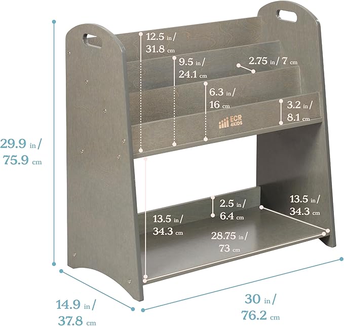 ECR4Kids 3-Shelf Floor Book Display with Handles and Storage, 30in, Kids Bookshelf, Grey Wash