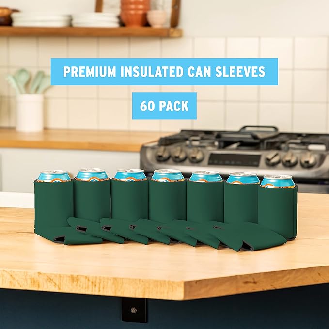 Blank Beer Can Cooler Sleeves (60-Pack) Soft Insulated Beer Can Coolies - HTV Friendly Blank Koolies in Bulk for Beer Cans & Bottles - Coolie Blanks for Vinyl Projects & Wedding Favors (Forest Green)