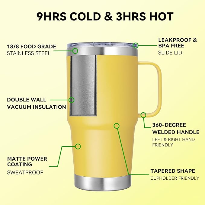 20 oz Stainless Steel Tumbler with Handle Bulk Metal Insulated Tumblers Travel Coffee Mug with Handle Double Wall Tumbler Cup with Lid and Straw, Yellow 6 Pack